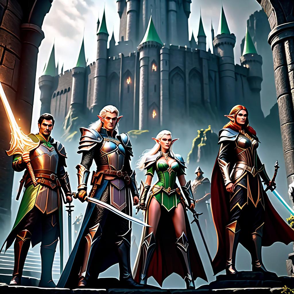  Four heroes stand facing the dark castle where the dark lord resides. Among the characters are three men and one elf woman. The swordswoman, shieldbearer, and mage are humans, and the elf woman wields a bow. hyperrealistic, full body, detailed clothing, highly detailed, cinematic lighting, stunningly beautiful, intricate, sharp focus, f/1. 8, 85mm, (centered image composition), (professionally color graded), ((bright soft diffused light)), volumetric fog, trending on instagram, trending on tumblr, HDR 4K, 8K