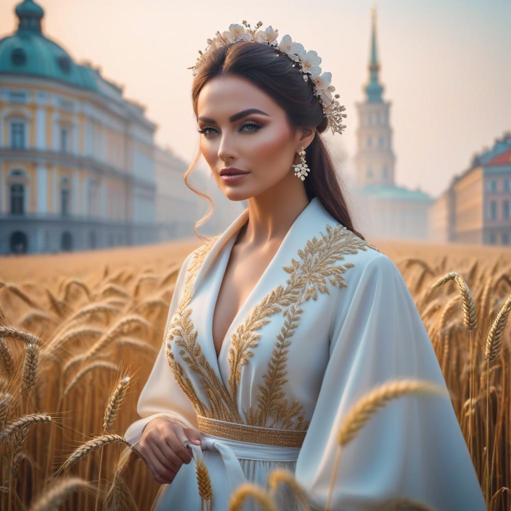  wheat in blooming St. Petersburg hyperrealistic, full body, detailed clothing, highly detailed, cinematic lighting, stunningly beautiful, intricate, sharp focus, f/1. 8, 85mm, (centered image composition), (professionally color graded), ((bright soft diffused light)), volumetric fog, trending on instagram, trending on tumblr, HDR 4K, 8K