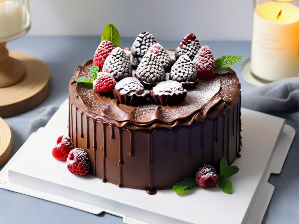  An ultradetailed image of a decadent vegan chocolate cake topped with fresh raspberries and mint leaves, presented on a sleek, modern white plate against a clean, minimalistic background. The cake is perfectly layered, showcasing its rich, moist texture and glossy finish, while the vibrant red of the raspberries and the deep green of the mint leaves pop against the dark chocolate. The lighting is soft yet highlights the intricate details of the dessert, inviting viewers to indulge in the world of delicious and healthy vegan desserts. hyperrealistic, full body, detailed clothing, highly detailed, cinematic lighting, stunningly beautiful, intricate, sharp focus, f/1. 8, 85mm, (centered image composition), (professionally color graded), ((bright soft diffused light)), volumetric fog, trending on instagram, trending on tumblr, HDR 4K, 8K