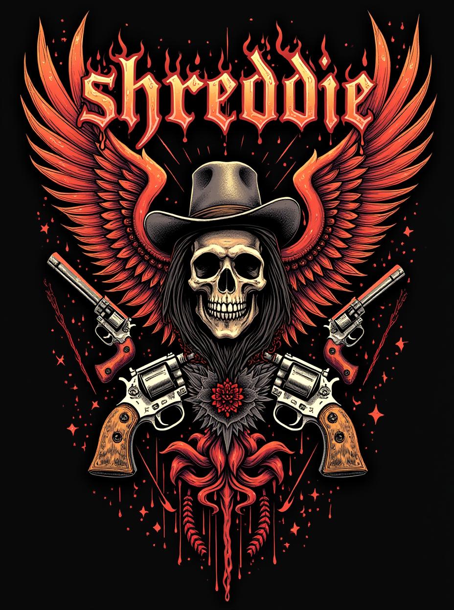  good quality, high quality, death metal shirt design. there are designs related to metal music. fire and abstract shapes. organs are strewn about. the letters "shreddie" on top of the design. epic font. wild western themes and design elements are on the shirt as well. no bird, no wings. revolvers and outlaw elements. gore and blood.