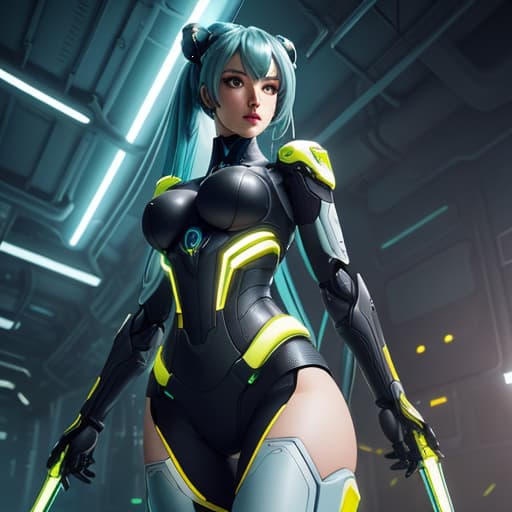  cgmech, beautiful eyes, upper body, underboob, portrait, robot, armor, Hatsune Miku, neon light, 8K, RAW, best quality, masterpiece, ultra high res, colorful, (medium wide shot), (dynamic perspective), sharp focus , (depth of field, bokeh:1.3), extremely detailed eyes and face, beautiful detailed eyes,large breasts,(black gold, trimmed gear:1.2),(In a futuristic weapons factory:1.2), ((masterpiece, best quality)), <lora:more details:0.3> Detailed background, spaceship interior <lora:Niji:0.5> hyperrealistic, full body, detailed clothing, highly detailed, cinematic lighting, stunningly beautiful, intricate, sharp focus, f/1. 8, 85mm, (centered image composition), (professionally color graded), ((bright soft diffused light)), volumetric fog, trending on instagram, trending on tumblr, HDR 4K, 8K