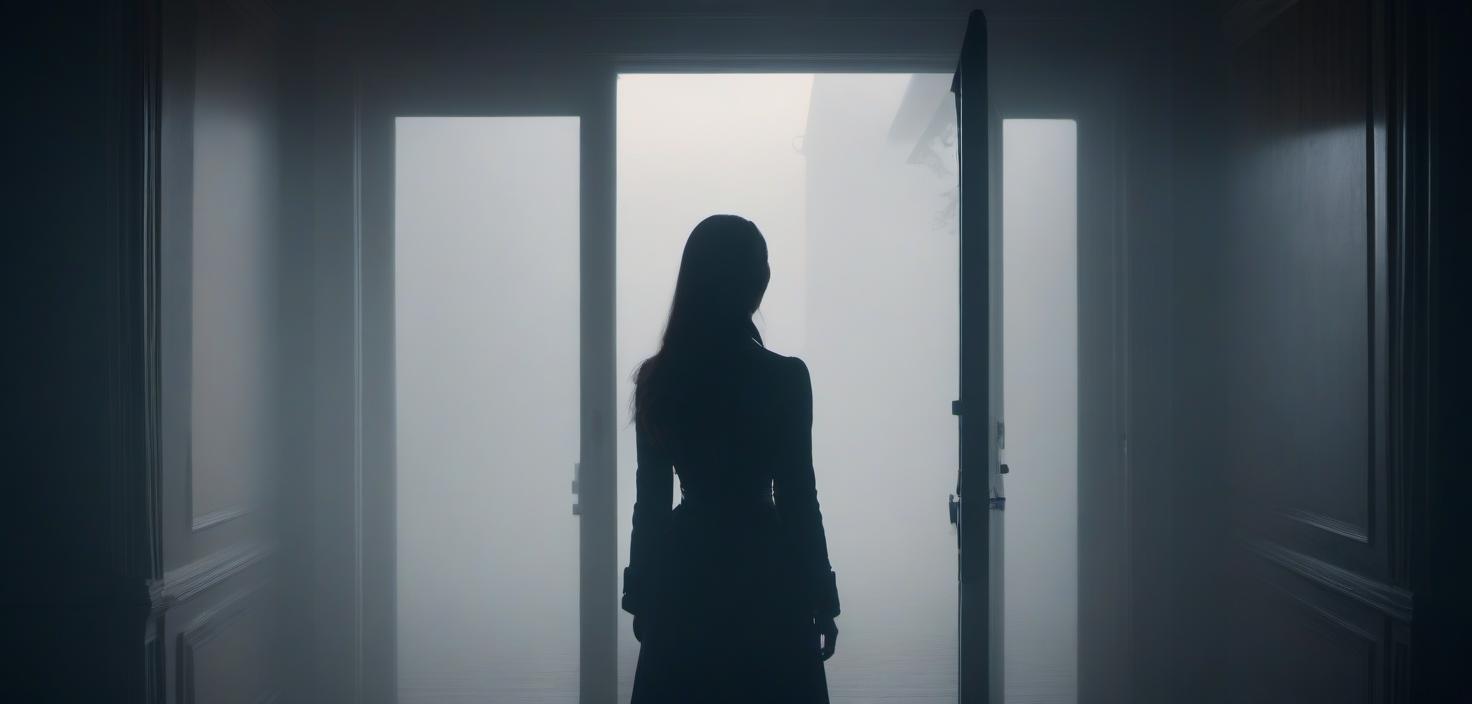  A girl stands with her back to the door, and in the background is the silhouette of a man. hyperrealistic, full body, detailed clothing, highly detailed, cinematic lighting, stunningly beautiful, intricate, sharp focus, f/1. 8, 85mm, (centered image composition), (professionally color graded), ((bright soft diffused light)), volumetric fog, trending on instagram, trending on tumblr, HDR 4K, 8K