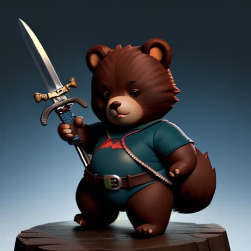  "Tiny chubby superhero bear with a sword."