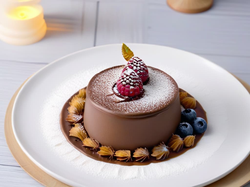  A visually striking image of a delicate, perfectly balanced chocolate mousse foam elegantly piped onto a glossy white plate, garnished with a single fresh raspberry and a sprinkle of edible gold leaf, set against a stark black background to emphasize the elegant simplicity of the dish. hyperrealistic, full body, detailed clothing, highly detailed, cinematic lighting, stunningly beautiful, intricate, sharp focus, f/1. 8, 85mm, (centered image composition), (professionally color graded), ((bright soft diffused light)), volumetric fog, trending on instagram, trending on tumblr, HDR 4K, 8K