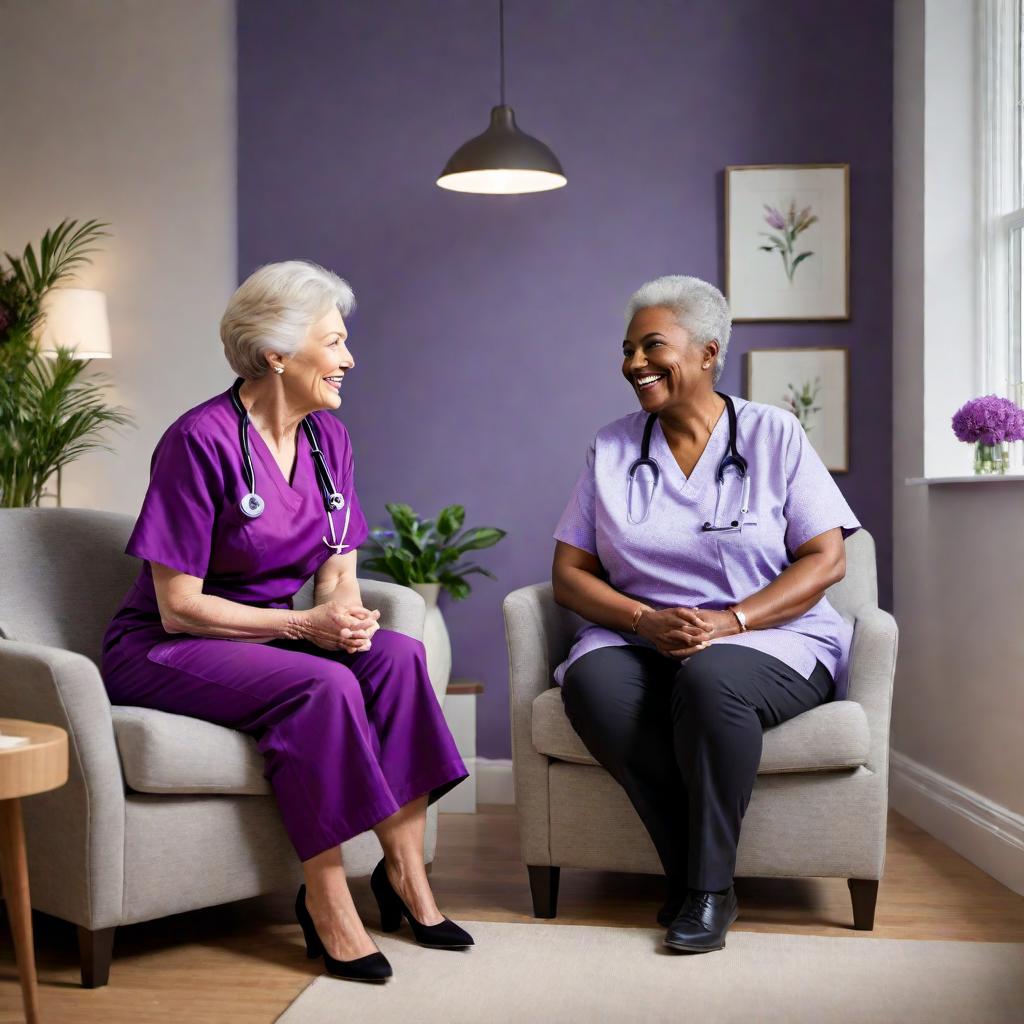  A smiling older lady sat in her living room talking to a young professional care worker who is wearing a purple nursing scrub top. The scene is warm and inviting, showcasing a caring interaction between the two individuals. hyperrealistic, full body, detailed clothing, highly detailed, cinematic lighting, stunningly beautiful, intricate, sharp focus, f/1. 8, 85mm, (centered image composition), (professionally color graded), ((bright soft diffused light)), volumetric fog, trending on instagram, trending on tumblr, HDR 4K, 8K