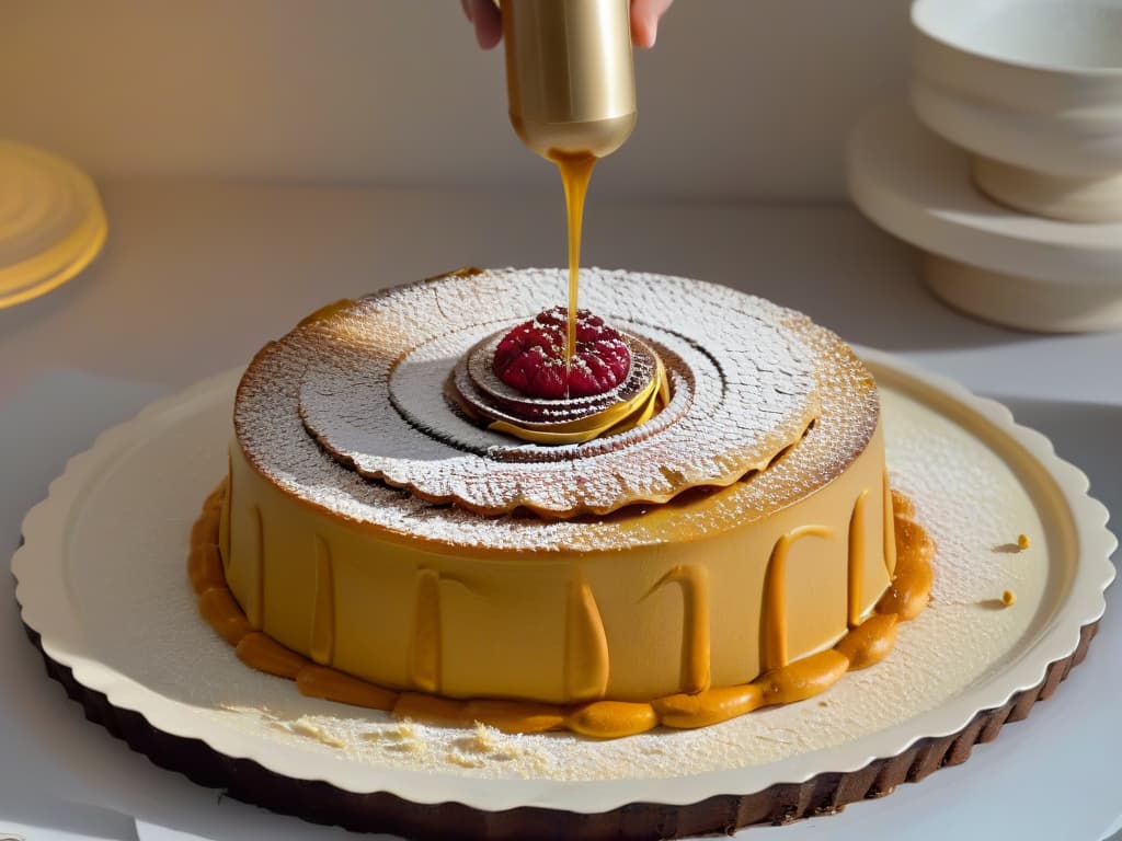  An ultradetailed closeup image of a delicate pastry being brushed with a shiny, goldeninfused syrup, highlighting the intricate layers and textures of the dessert. The pastry is set on a sleek, modern plate, with soft natural lighting enhancing the glossy finish and creating a visually striking contrast between the glaze and the pastry's surface. This minimalistic image captures the essence of flavor infusion in baking, conveying a sense of sophistication and artistry in pastrymaking. hyperrealistic, full body, detailed clothing, highly detailed, cinematic lighting, stunningly beautiful, intricate, sharp focus, f/1. 8, 85mm, (centered image composition), (professionally color graded), ((bright soft diffused light)), volumetric fog, trending on instagram, trending on tumblr, HDR 4K, 8K