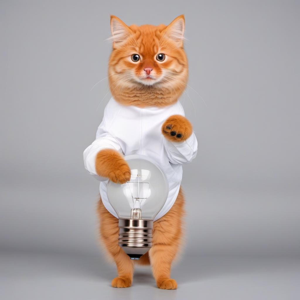  Red cat stands on his hind legs in an electrician suit and holds a light bulb in his left paw