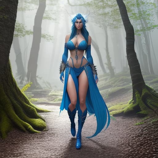  crea a una mujer na'vi, piel azul y rayas Azules claras y oscuras. ojos color miel, orejas puntiagudas, ropa echa de plumas y algunos otros adornos. caminando por la selva. hyperrealistic, full body, detailed clothing, highly detailed, cinematic lighting, stunningly beautiful, intricate, sharp focus, f/1. 8, 85mm, (centered image composition), (professionally color graded), ((bright soft diffused light)), volumetric fog, trending on instagram, trending on tumblr, HDR 4K, 8K