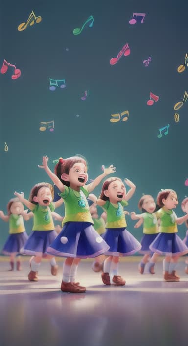  {Children singing and dancing with wide smiles and musical notes floating around them., Kids joyfully dancing and singing, showing their energy and happiness.