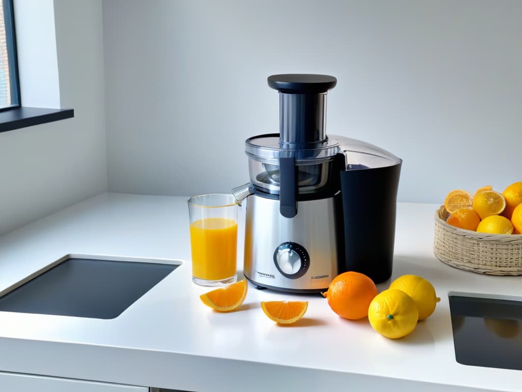  An 8k ultradetailed image of a sleek, modern kitchen counter showcasing both a manual and an electric citrus juicer side by side. The manual juicer is made of shiny stainless steel with a matte black handle, while the electric juicer is a glossy white with a touch screen display. Freshly cut lemons and oranges are neatly arranged next to each juicer, ready to be squeezed, adding a pop of vibrant color to the scene. The lighting is soft and natural, highlighting the simplicity and elegance of the juicers in a minimalist aesthetic. hyperrealistic, full body, detailed clothing, highly detailed, cinematic lighting, stunningly beautiful, intricate, sharp focus, f/1. 8, 85mm, (centered image composition), (professionally color graded), ((bright soft diffused light)), volumetric fog, trending on instagram, trending on tumblr, HDR 4K, 8K