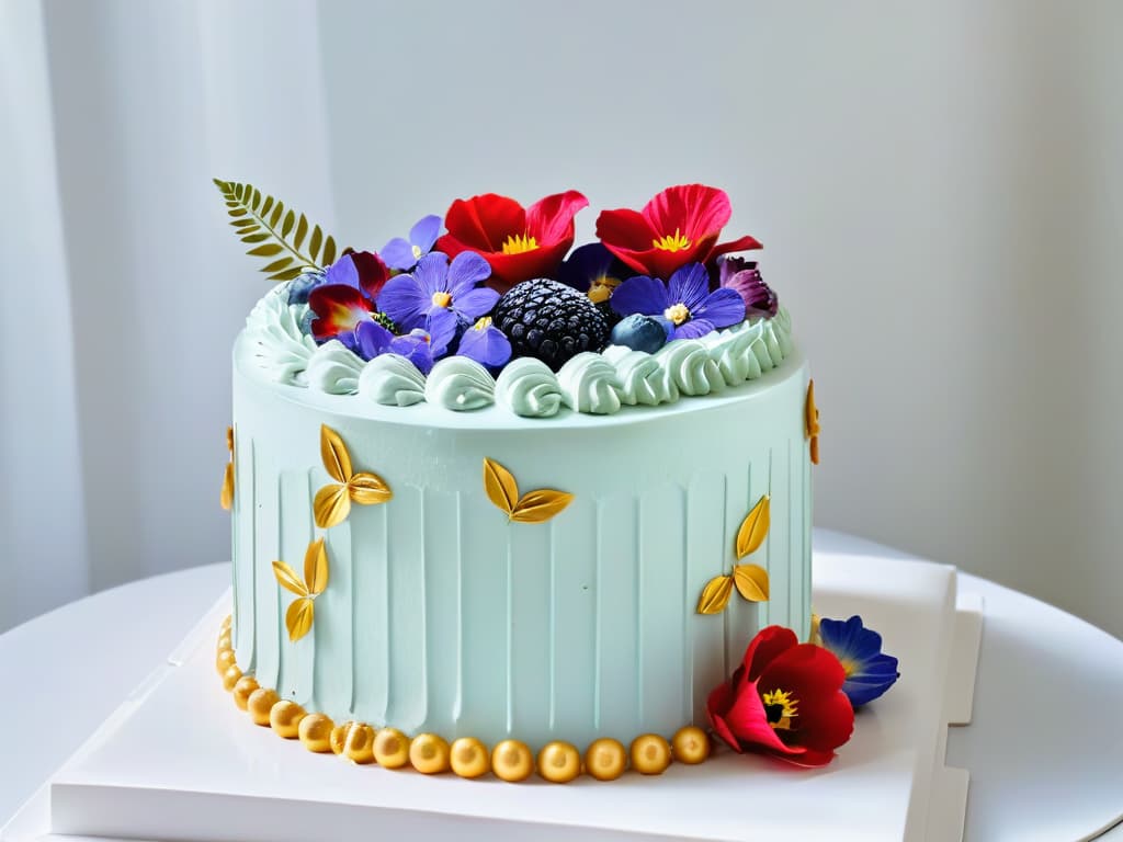  A closeup, ultradetailed image of a delicate, intricate glutenfree dessert masterpiece. The dessert is a multilayered, perfectly piped cake adorned with edible flowers and gold leaf accents. The colors are vibrant, showcasing the skill and artistry of the pastry chef who created it. The texture of the cake is visible, with each layer beautifully defined, creating a visually stunning and appetizing image. hyperrealistic, full body, detailed clothing, highly detailed, cinematic lighting, stunningly beautiful, intricate, sharp focus, f/1. 8, 85mm, (centered image composition), (professionally color graded), ((bright soft diffused light)), volumetric fog, trending on instagram, trending on tumblr, HDR 4K, 8K