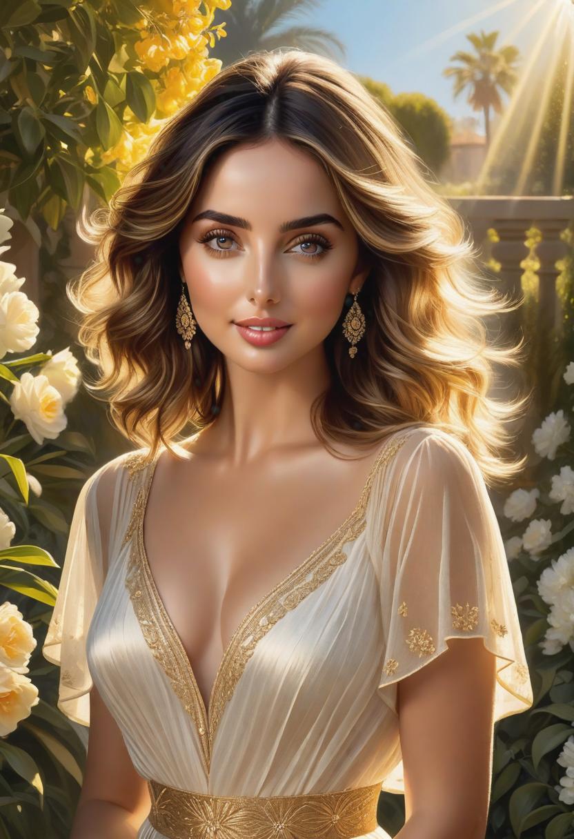  1. A stunning portrait of Ana De Armas in a sunlit garden, exuding elegance and grace, with her tousled hair gently framing her face. The golden rays illuminate her features, creating warm shadows that add depth to her expressive eyes and radiant smile. The realism of this scene captures every intricate detail, from the delicate wisps of her hair to the subtle textures of her skin and clothing. 

2. Ana De Armas, captured in a moment of deep contemplation, her expressive eyes gazing into the distance. The realism in this portrait highlights the intricate lines and curves of her face, emphasizing the softness of her complexion and the play of light on her features. The subdued lighting adds a touch of mystery and intrigue, giving the scene a hyperrealistic, full body, detailed clothing, highly detailed, cinematic lighting, stunningly beautiful, intricate, sharp focus, f/1. 8, 85mm, (centered image composition), (professionally color graded), ((bright soft diffused light)), volumetric fog, trending on instagram, trending on tumblr, HDR 4K, 8K