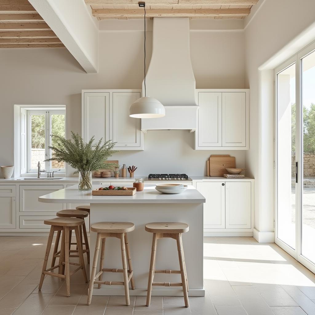  this editorial photography session focuses on the ibicenco style, characterized by white washed walls and rustic elegance. it emphasizes natural materials and seamless indoor outdoor living. the kitchen is designed with a peninsula layout, enhancing functionality and social interaction. the color scheme features a sophisticated palette of white variations: dominant off white (rgb 255, 255, 240), complementary silk white (rgb 255, 248, 240), and accentuated with cream white (rgb 255, 253, 208), antique white (rgb 250, 235, 215), and chalk white (rgb 238, 238, 238).