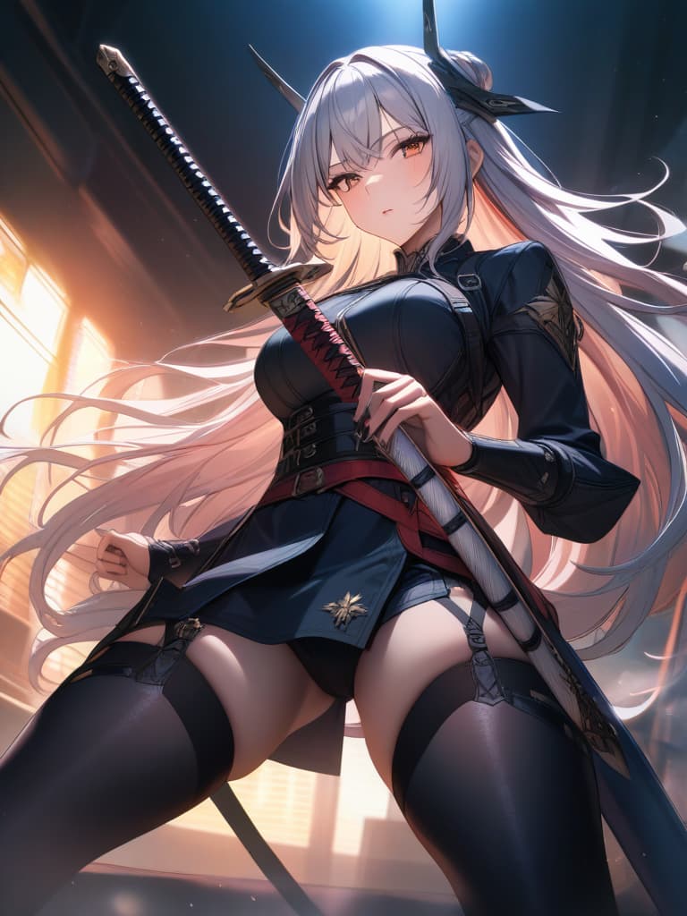  1girl,solo,long hair,thighhighs,holding,weapon,white hair,sword,holding weapon,headgear,holding sword,katana,sheath,sheathed,fake screenshot,unsheathing, masterpiece, best quality,8k,ultra detailed,high resolution,an extremely delicate and beautiful,hyper detail hyperrealistic, full body, detailed clothing, highly detailed, cinematic lighting, stunningly beautiful, intricate, sharp focus, f/1. 8, 85mm, (centered image composition), (professionally color graded), ((bright soft diffused light)), volumetric fog, trending on instagram, trending on tumblr, HDR 4K, 8K