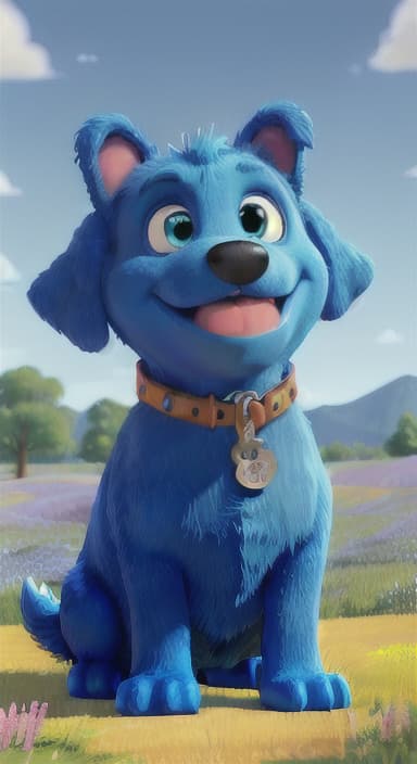  {A happy, big blue dog wagging its tail in a colorful meadow, The big blue dog is large with sky blue fur, big round eyes, a black nose, and floppy ears.