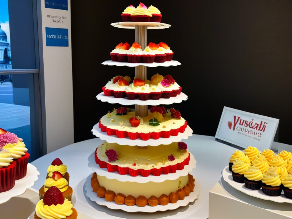  An ultradetailed image of a diverse array of intricately decorated cupcakes from around the world, showcasing unique cultural designs and flavors on a sleek, modern display stand. Each cupcake is meticulously crafted with vibrant colors, intricate patterns, and delicate toppings that reflect the rich cultural heritage and culinary artistry of various international regions. The image captures the essence of global unity through the universal love for sweet treats, inviting viewers to embark on a deliciously inspiring journey through the diverse world of cupcakes. hyperrealistic, full body, detailed clothing, highly detailed, cinematic lighting, stunningly beautiful, intricate, sharp focus, f/1. 8, 85mm, (centered image composition), (professionally color graded), ((bright soft diffused light)), volumetric fog, trending on instagram, trending on tumblr, HDR 4K, 8K