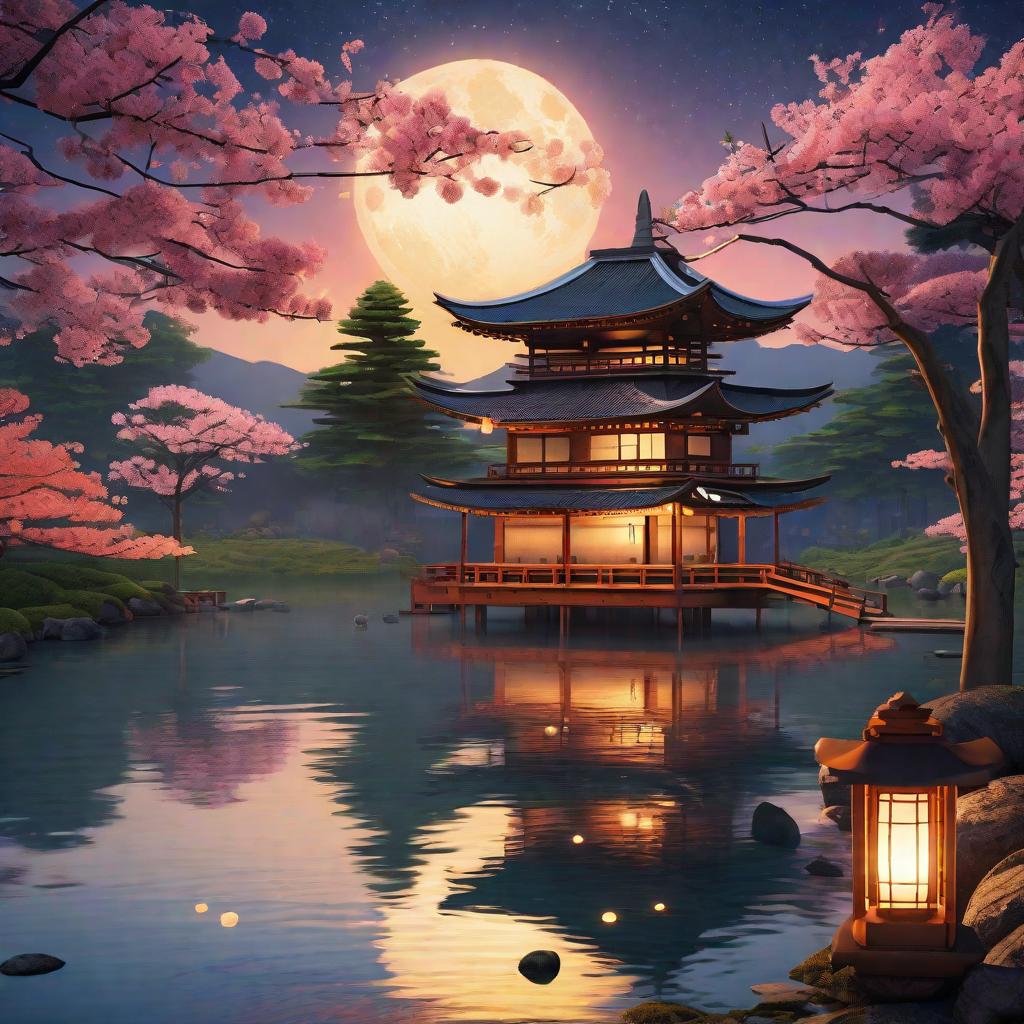  masterpiece, best quality, (Fidelity: 1.4), Best Quality, Masterpiece, Ultra High Resolution, 8k resolution, A night view inspired by Japanese art, featuring a garden illuminated by paper lanterns and a wooden bridge spanning a tranquil lake, by the lakeside, there is a small Zen temple. The water reflects the starry sky.