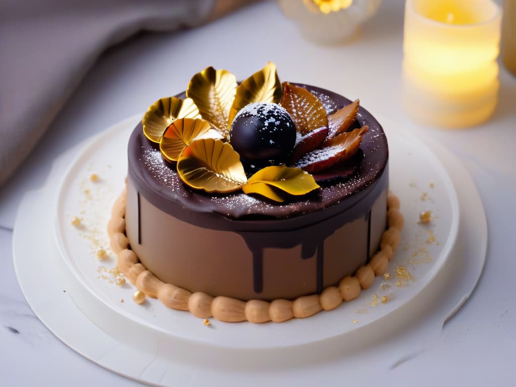  An ultradetailed image of a delicate, intricately designed dessert adorned with shimmering edible gold leaf, sitting on a sleek, modern white plate. The dessert is a miniature work of art, featuring layers of rich chocolate mousse, decadent goldflecked caramel drizzle, and delicate gold leaf accents. The lighting is soft and elegant, highlighting the luxurious shine of the edible gold against the dark chocolate backdrop, creating a visually stunning and mouthwatering image that perfectly captures the essence of using edible gold in desserts. hyperrealistic, full body, detailed clothing, highly detailed, cinematic lighting, stunningly beautiful, intricate, sharp focus, f/1. 8, 85mm, (centered image composition), (professionally color graded), ((bright soft diffused light)), volumetric fog, trending on instagram, trending on tumblr, HDR 4K, 8K