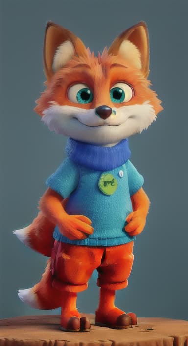  {Error the fox pressing the blue button with his paw, looking puzzled as nothing occurs., Error is a small, bright orange fox with a fluffy tail and big, inquisitive eyes. He has a mischievous yet kind expression and wears a tiny green scarf.