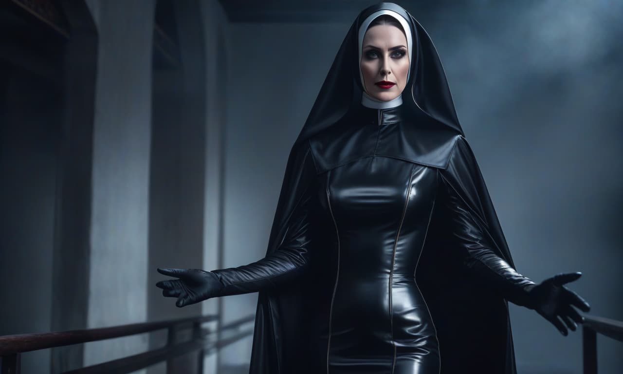  The nun stands with her back, high heels, black latex, gloves, dressed in it. hyperrealistic, full body, detailed clothing, highly detailed, cinematic lighting, stunningly beautiful, intricate, sharp focus, f/1. 8, 85mm, (centered image composition), (professionally color graded), ((bright soft diffused light)), volumetric fog, trending on instagram, trending on tumblr, HDR 4K, 8K