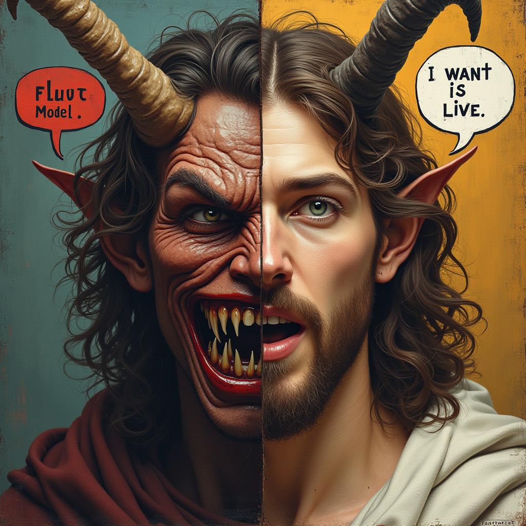  a two panel image split diagonally. on the top left panel there is a smiling face of a horrible horned demon with his mouth open. a speech bubble with letters spelling out 'i want flux model'. on the bottom right panel is the kind face of jesus, with a speech bubble with letters spelling out 'flux is live' 4k, masterpiece, make the text legible.