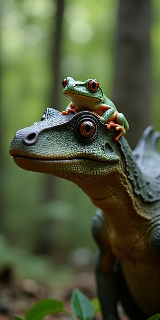  good quality, high quality, a frog sitting on the head of a allosaurus, in the forest, realistic, highly detailed