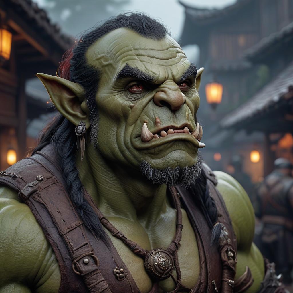  drunk orc, hkmagic hyperrealistic, full body, detailed clothing, highly detailed, cinematic lighting, stunningly beautiful, intricate, sharp focus, f/1. 8, 85mm, (centered image composition), (professionally color graded), ((bright soft diffused light)), volumetric fog, trending on instagram, trending on tumblr, HDR 4K, 8K