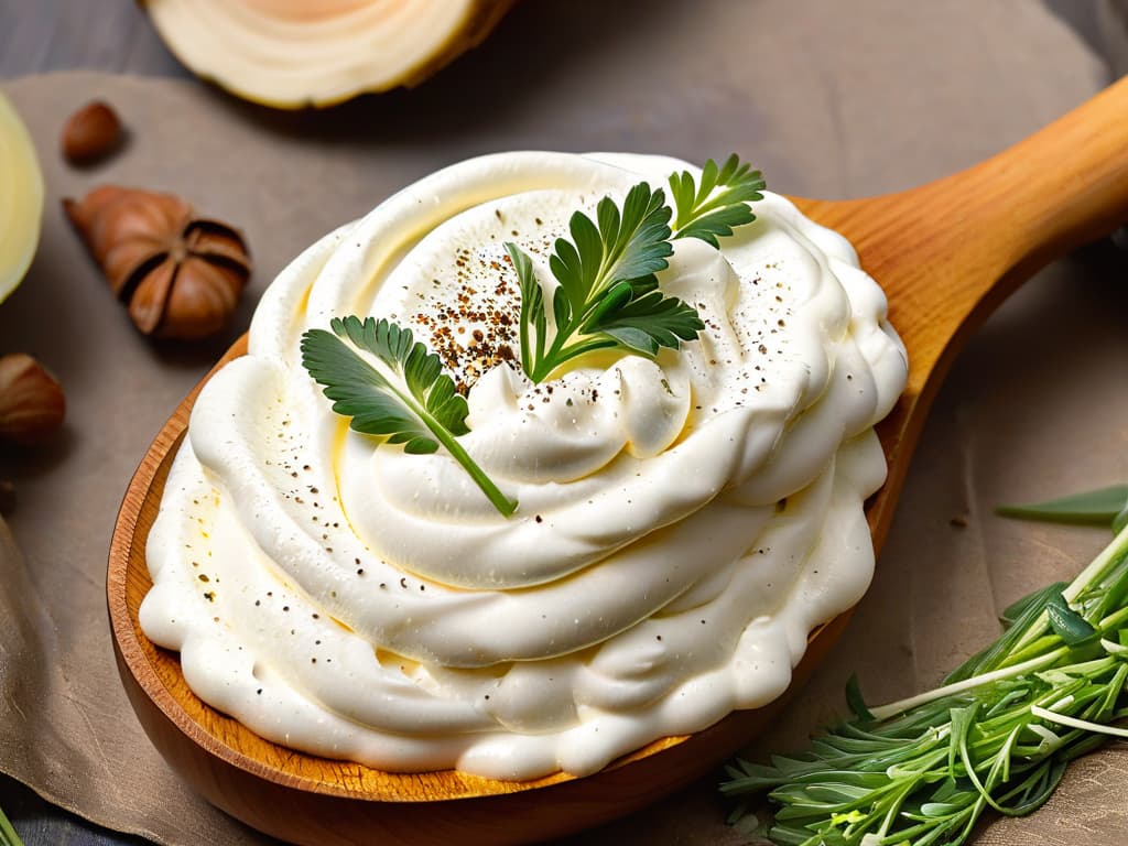  A closeup, ultradetailed image of a dollop of creamy vegan sour cream on a rustic wooden spoon, with tiny specks of fresh chives and cracked black pepper sprinkled on top. The texture of the sour cream is velvety smooth, with slight ripples visible, showcasing its rich and luxurious consistency. The wooden spoon is set against a soft, neutral background to enhance the minimalist aesthetic, allowing the focus to remain on the tantalizing details of the dairyfree condiment. hyperrealistic, full body, detailed clothing, highly detailed, cinematic lighting, stunningly beautiful, intricate, sharp focus, f/1. 8, 85mm, (centered image composition), (professionally color graded), ((bright soft diffused light)), volumetric fog, trending on instagram, trending on tumblr, HDR 4K, 8K