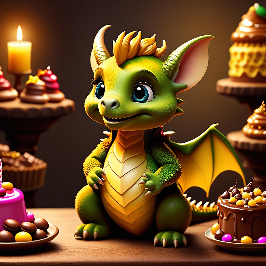  fairy tale A funny little, adorable dragon, a sweet tooth, an invitation to a bear's birthday party, a trip to a candy factory, a fall into chocolate. Style:fairy tale, fantasy. Mustard is no good for me, And I'm running from pepper, Mustard makes me sad I can cry! I like to chew candy And halva and sweet honey, Whoever likes to chew candy Will understand me well . magical, fantastical, enchanting, storybook style, highly detailed hyperrealistic, full body, detailed clothing, highly detailed, cinematic lighting, stunningly beautiful, intricate, sharp focus, f/1. 8, 85mm, (centered image composition), (professionally color graded), ((bright soft diffused light)), volumetric fog, trending on instagram, trending on tumblr, HDR 4K, 8K