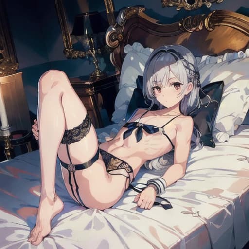  master piece , best quality,Beautiful , , lie on own back, 1, (( trembling with ual )), garter ring garter belt, , hollow eyes embarred, clossed arms, abs 0 6, tie , tie , , (( on Collarbone, on s)),silver hair, shirt, Erect s, (Slim, Small s, Small ), With legs apart