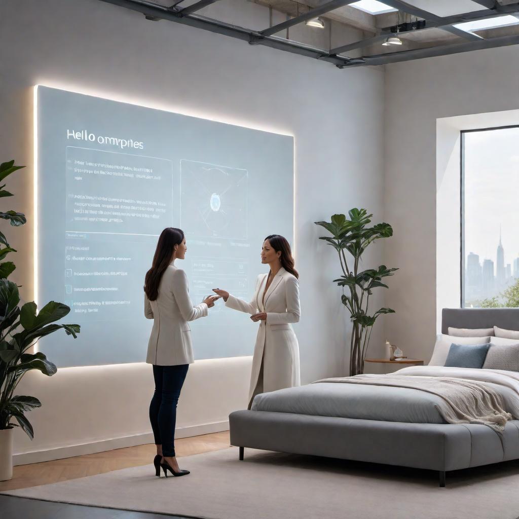  An AI assistant interacting with a user, with the AI assistant asking for a description of what the user would like it to draw. The setting is a modern and futuristic room with a computer screen displaying the text 'Hello! Please describe what you would like me to draw.' hyperrealistic, full body, detailed clothing, highly detailed, cinematic lighting, stunningly beautiful, intricate, sharp focus, f/1. 8, 85mm, (centered image composition), (professionally color graded), ((bright soft diffused light)), volumetric fog, trending on instagram, trending on tumblr, HDR 4K, 8K