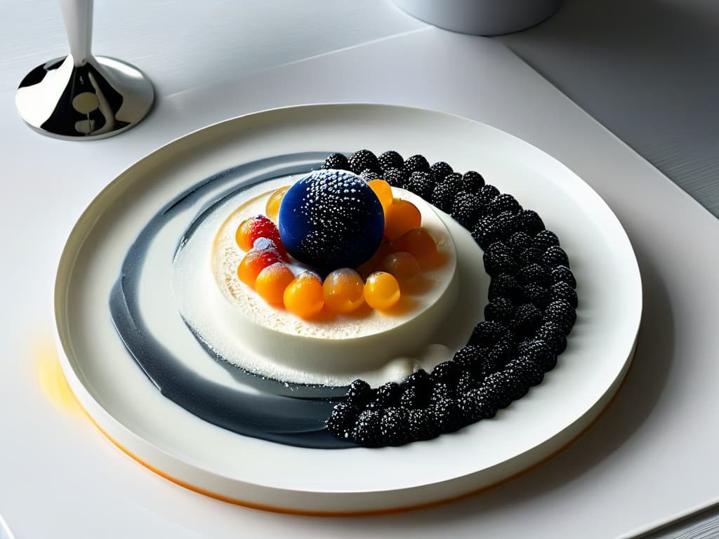  A closeup, ultradetailed image of a delicate molecular gastronomy dessert, showcasing a cloudlike foam swirling elegantly around a sphere of glistening fruit caviar, placed on a sleek, modern plate with subtle reflections of light creating a mesmerizing display of textures and colors. hyperrealistic, full body, detailed clothing, highly detailed, cinematic lighting, stunningly beautiful, intricate, sharp focus, f/1. 8, 85mm, (centered image composition), (professionally color graded), ((bright soft diffused light)), volumetric fog, trending on instagram, trending on tumblr, HDR 4K, 8K