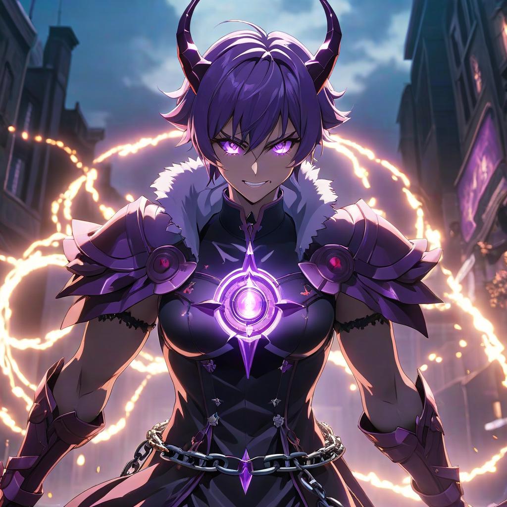  anime artwork a demon person surrounded by shattered gl, anime vfx, dark mode, in a cinematic wallpaper, redshift houdini, enter night, in, video game screenshot, ans, blast, animated, glowing purple eyes, key visual, flowing with dark power, large chain, from league of legends, very clear image, root, angry smile . anime style, key visual, vint, studio anime, highly detailed hyperrealistic, full body, detailed clothing, highly detailed, cinematic lighting, stunningly beautiful, intricate, sharp focus, f/1. 8, 85mm, (centered image composition), (professionally color graded), ((bright soft diffused light)), volumetric fog, trending on instagram, trending on tumblr, HDR 4K, 8K