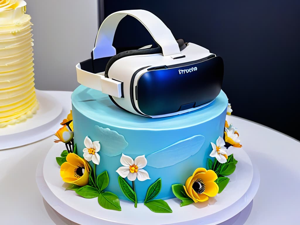  A closeup, ultradetailed image of a virtual reality headset hovering above a beautifully decorated cake, showcasing intricate piping work and delicate sugar flowers in vibrant colors. The headset reflects the cake's design, merging the virtual and physical worlds seamlessly, symbolizing the innovative integration of technology in pastry education. hyperrealistic, full body, detailed clothing, highly detailed, cinematic lighting, stunningly beautiful, intricate, sharp focus, f/1. 8, 85mm, (centered image composition), (professionally color graded), ((bright soft diffused light)), volumetric fog, trending on instagram, trending on tumblr, HDR 4K, 8K