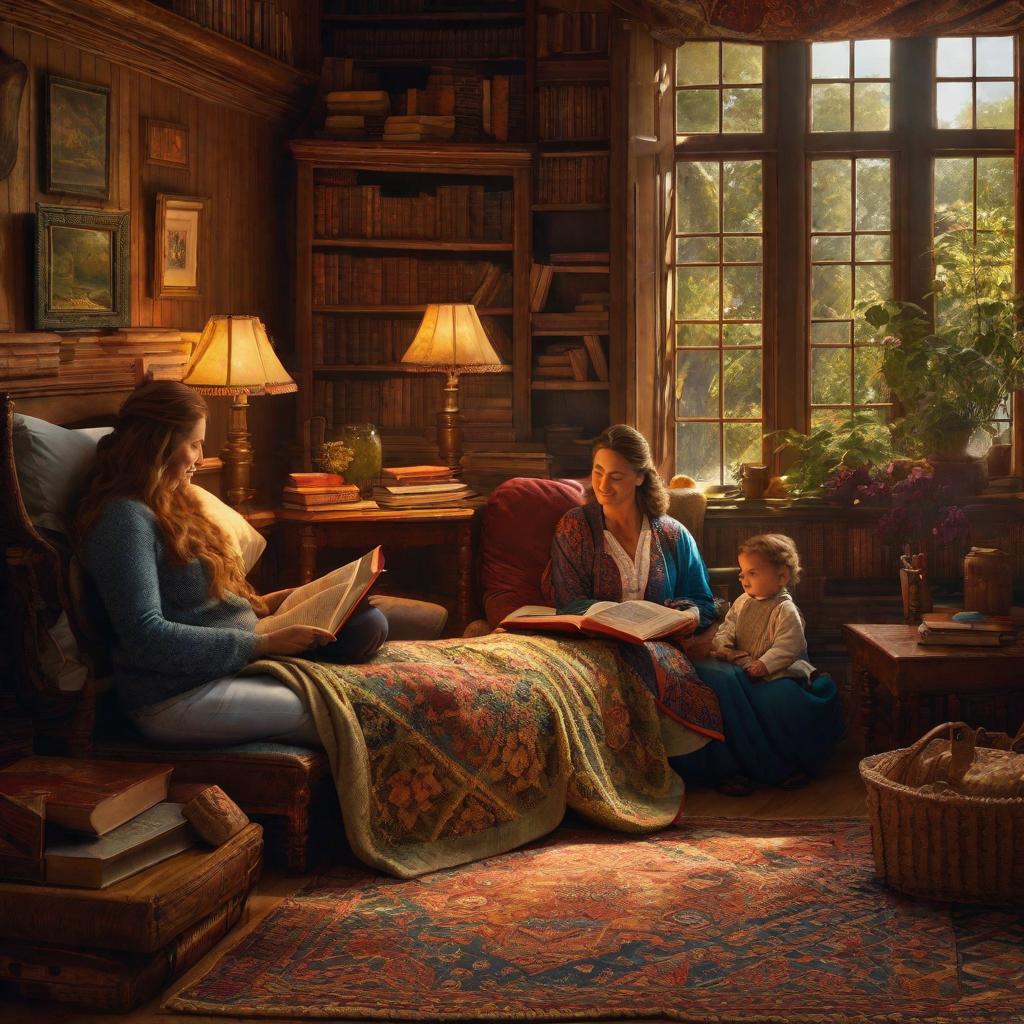  "A cozy room scene where a mother and are comfortably laying in a quilt-covered . The mother is gently holding an open book, immersed in the act of storytelling while the , eyes gleaming with anticipation, listens attentively. The atmosphere of the room reflects the magical and enchanting nature of the story being told."((masterpiece)), best quality, very detailed, high resolution, sharp, sharp image, extremely detailed, 4k, 8k, fairytale hyperrealistic, full body, detailed clothing, highly detailed, cinematic lighting, stunningly beautiful, intricate, sharp focus, f/1. 8, 85mm, (centered image composition), (professionally color graded), ((bright soft diffused light)), volumetric fog, trending on instagram, trending on tumblr, HDR 4K, 8K