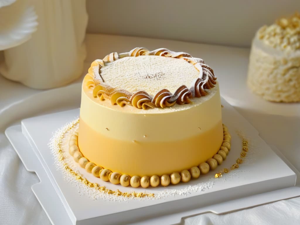  An ultradetailed image of a delicate, intricate pastry coated in a shimmering layer of edible gold and silver dust, placed on a simple, elegant white plate. The dust catches the light, creating a luxurious and sophisticated appearance that perfectly captures the essence of edible gold and silver in pastry presentation. hyperrealistic, full body, detailed clothing, highly detailed, cinematic lighting, stunningly beautiful, intricate, sharp focus, f/1. 8, 85mm, (centered image composition), (professionally color graded), ((bright soft diffused light)), volumetric fog, trending on instagram, trending on tumblr, HDR 4K, 8K