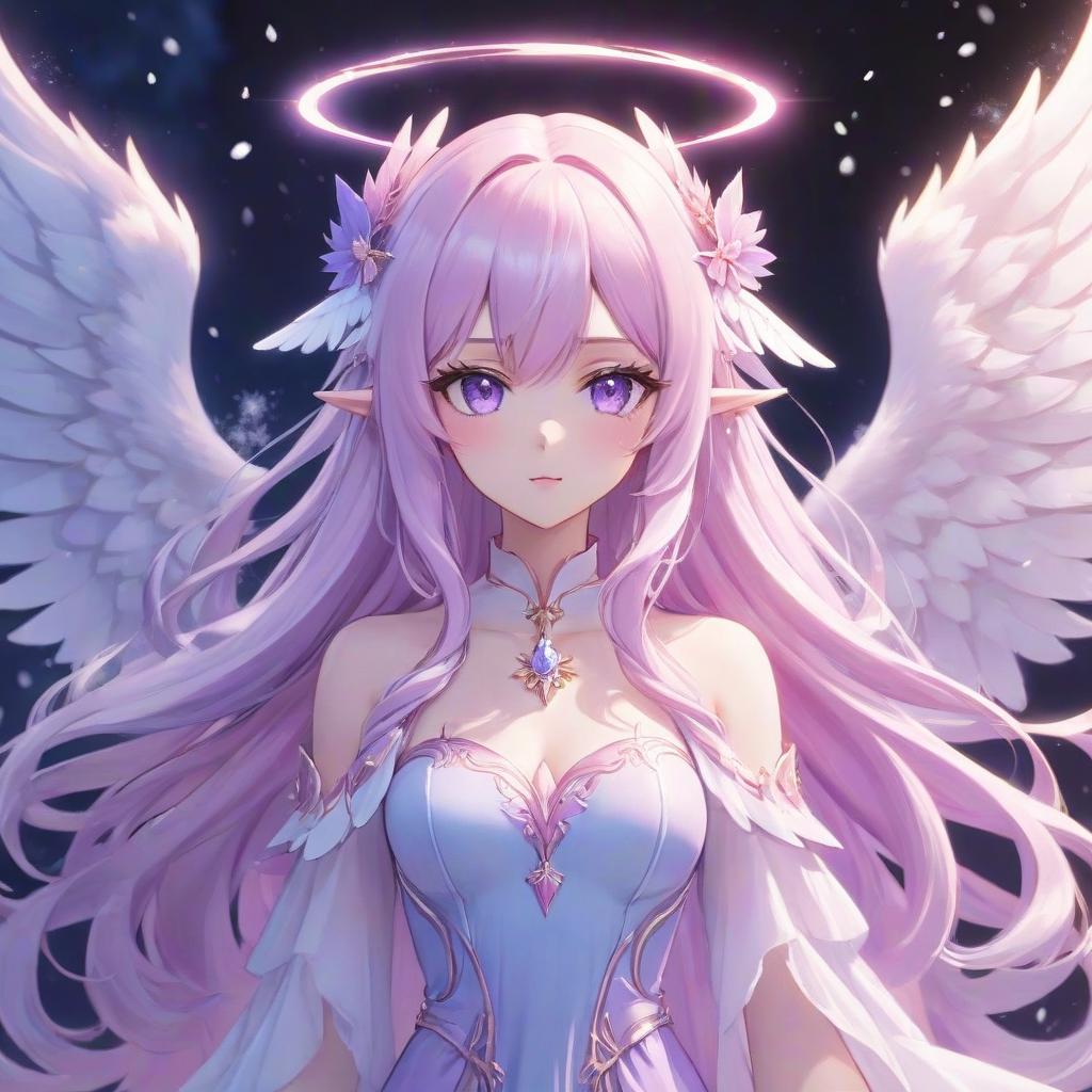  anime artwork The goddess is an astral elf with a hair color gradient from white to purple, which ends in pink. And long hair. She has 6 large angel wings. She is wearing a translucent pastel purple dress with a pink gradient. Above her head is a halo in the form of a snow white crown. The eyes are blue purple. . anime style, key visual, vibrant, studio anime, highly detailed hyperrealistic, full body, detailed clothing, highly detailed, cinematic lighting, stunningly beautiful, intricate, sharp focus, f/1. 8, 85mm, (centered image composition), (professionally color graded), ((bright soft diffused light)), volumetric fog, trending on instagram, trending on tumblr, HDR 4K, 8K