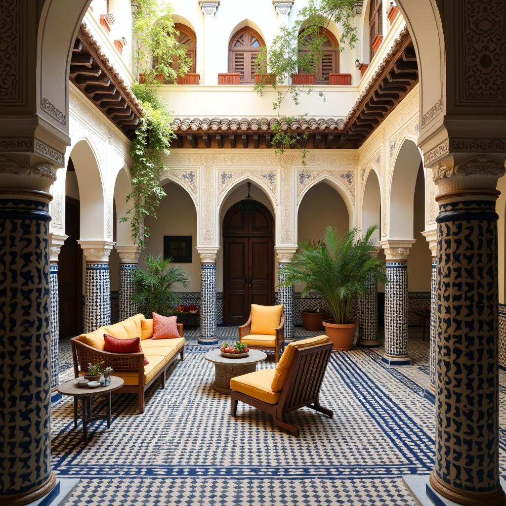  editorial photography of home room: courtyard enclosed outdoor space within building, design style: andalusian style defined by intricate tilework vibrant colors moorish influences courtyards