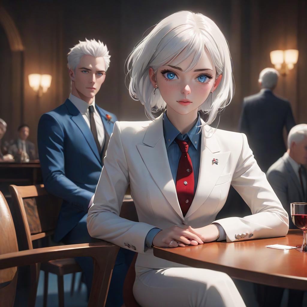  A girl with a freckled face, blue eyes, sits at a table on a chair. A boy with white hair, red eyes, stands next to her wearing a white suit. hyperrealistic, full body, detailed clothing, highly detailed, cinematic lighting, stunningly beautiful, intricate, sharp focus, f/1. 8, 85mm, (centered image composition), (professionally color graded), ((bright soft diffused light)), volumetric fog, trending on instagram, trending on tumblr, HDR 4K, 8K