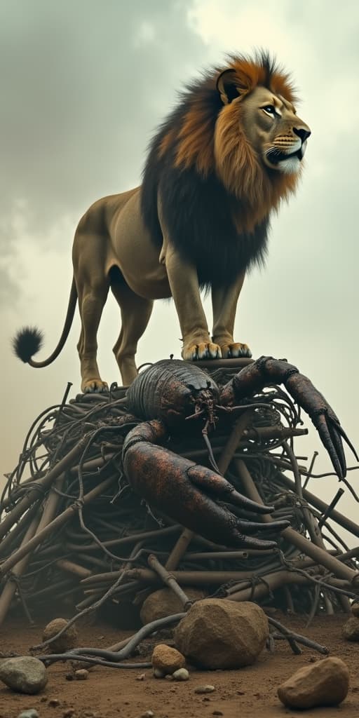  good quality, high quality, one lion standing on a pile out of metal bars and metal cables, doen below is a lobster, above is a venture flying, dusty, mad max, epic, highly detailed, ultrarealistic, black smoke