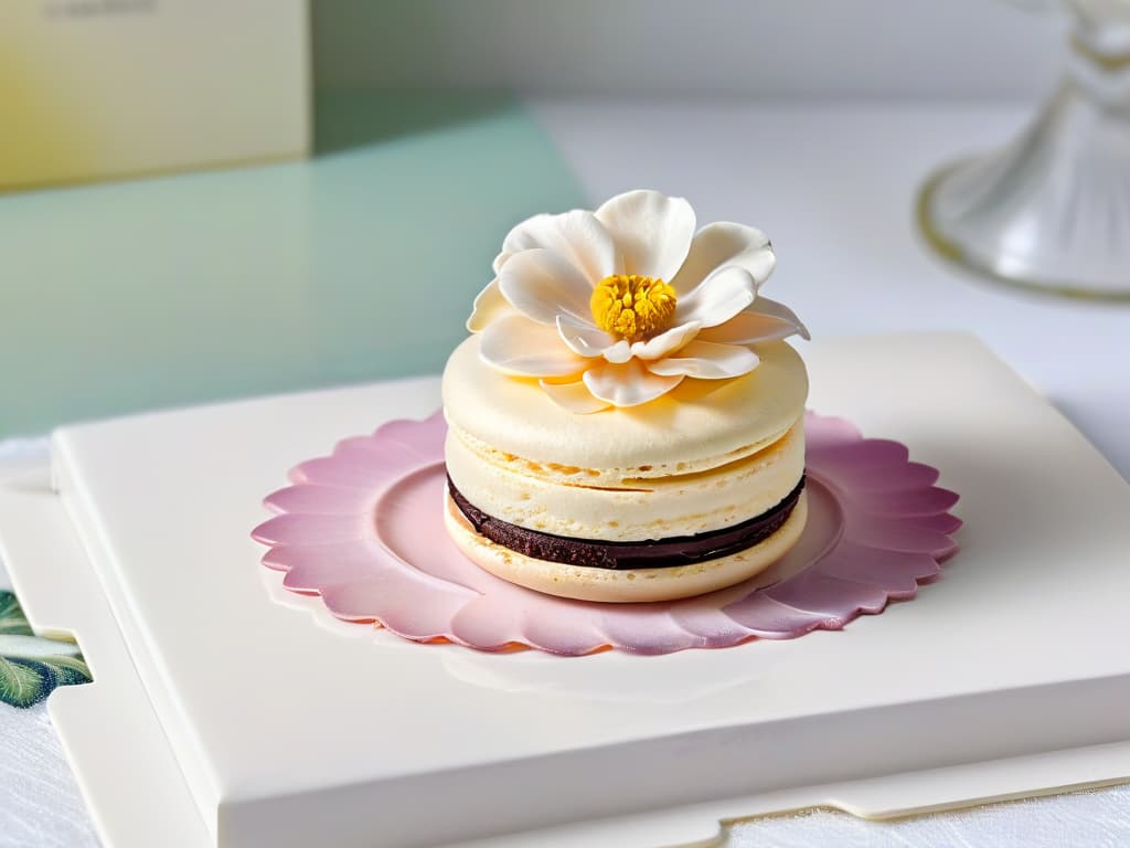  A highresolution image of a delicate, pastelcolored macaron adorned with an edible flower, placed on a simple, elegant white plate against a soft, blurred background of greenery. The focus is on the intricate details of the flower petal contrasting with the smooth surface of the macaron, creating a visually striking and minimalist composition that embodies the beauty and elegance of incorporating edible flowers in pastry decoration. hyperrealistic, full body, detailed clothing, highly detailed, cinematic lighting, stunningly beautiful, intricate, sharp focus, f/1. 8, 85mm, (centered image composition), (professionally color graded), ((bright soft diffused light)), volumetric fog, trending on instagram, trending on tumblr, HDR 4K, 8K