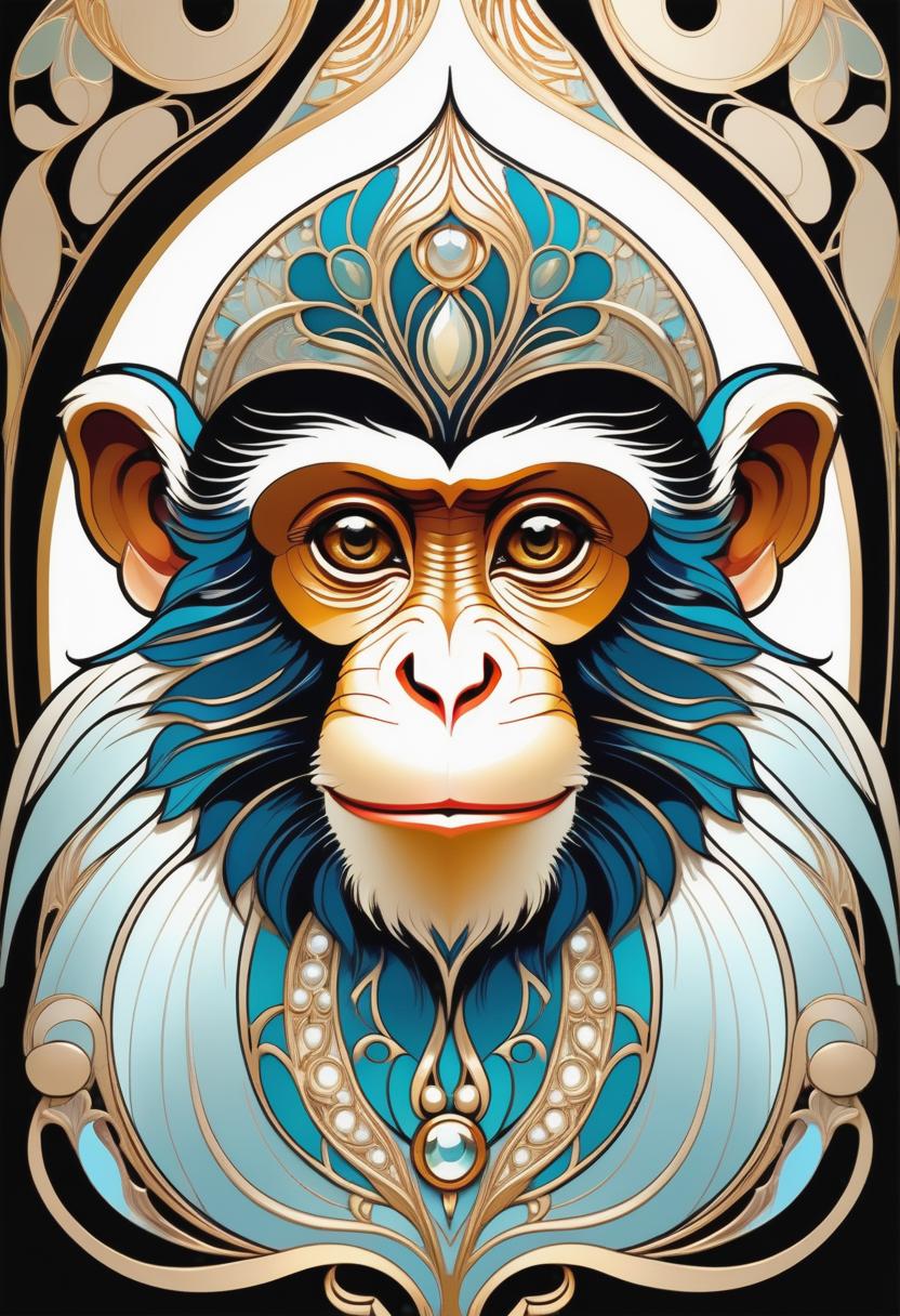  A charismatic monkey, portrayed with Art Nouveau elegance, captivates with its expressive eyes and intricate embellishments, soft, ethereal lighting, detailed ornamentation, charismatic, graceful, Art Nouveau Artwork style, digital painting.