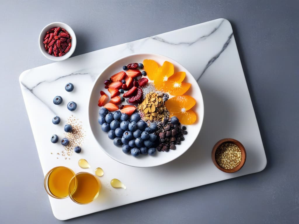  A minimalist, ultradetailed image of a colorful array of superfoods like blueberries, chia seeds, cacao nibs, almonds, goji berries, and pomegranate seeds beautifully arranged on a sleek, white marble countertop. Each superfood is meticulously placed in a symmetrical pattern, showcasing their vibrant colors and textures in exquisite detail. The soft natural light coming in from a nearby window highlights the freshness and healthiness of the ingredients, creating a visually appealing and inspiring scene for healthy dessert enthusiasts. hyperrealistic, full body, detailed clothing, highly detailed, cinematic lighting, stunningly beautiful, intricate, sharp focus, f/1. 8, 85mm, (centered image composition), (professionally color graded), ((bright soft diffused light)), volumetric fog, trending on instagram, trending on tumblr, HDR 4K, 8K