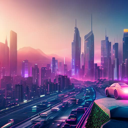 nvinkpunk driving towards futuristic city skyline with a colorful sunset sky and colorful nearby planets, nebula, galaxies and stars, and moon as aircraft fly by hyperrealistic, full body, detailed clothing, highly detailed, cinematic lighting, stunningly beautiful, intricate, sharp focus, f/1. 8, 85mm, (centered image composition), (professionally color graded), ((bright soft diffused light)), volumetric fog, trending on instagram, trending on tumblr, HDR 4K, 8K