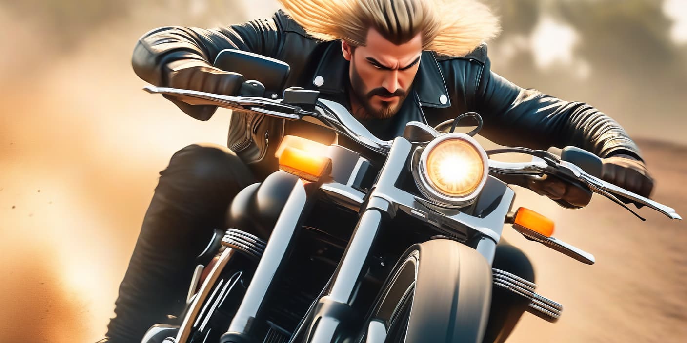  Frame sideways. A rough man on a motorcycle rides along a dirt road at dusk. He has light hair and a small beard. Wearing a leather jacket. On his finger, a biker ring. Motorcycle Harley Davidson. High speed. [Extremely strong Motion Blur:1.5]. Midjourney, Mijorni hyperrealistic, full body, detailed clothing, highly detailed, cinematic lighting, stunningly beautiful, intricate, sharp focus, f/1. 8, 85mm, (centered image composition), (professionally color graded), ((bright soft diffused light)), volumetric fog, trending on instagram, trending on tumblr, HDR 4K, 8K