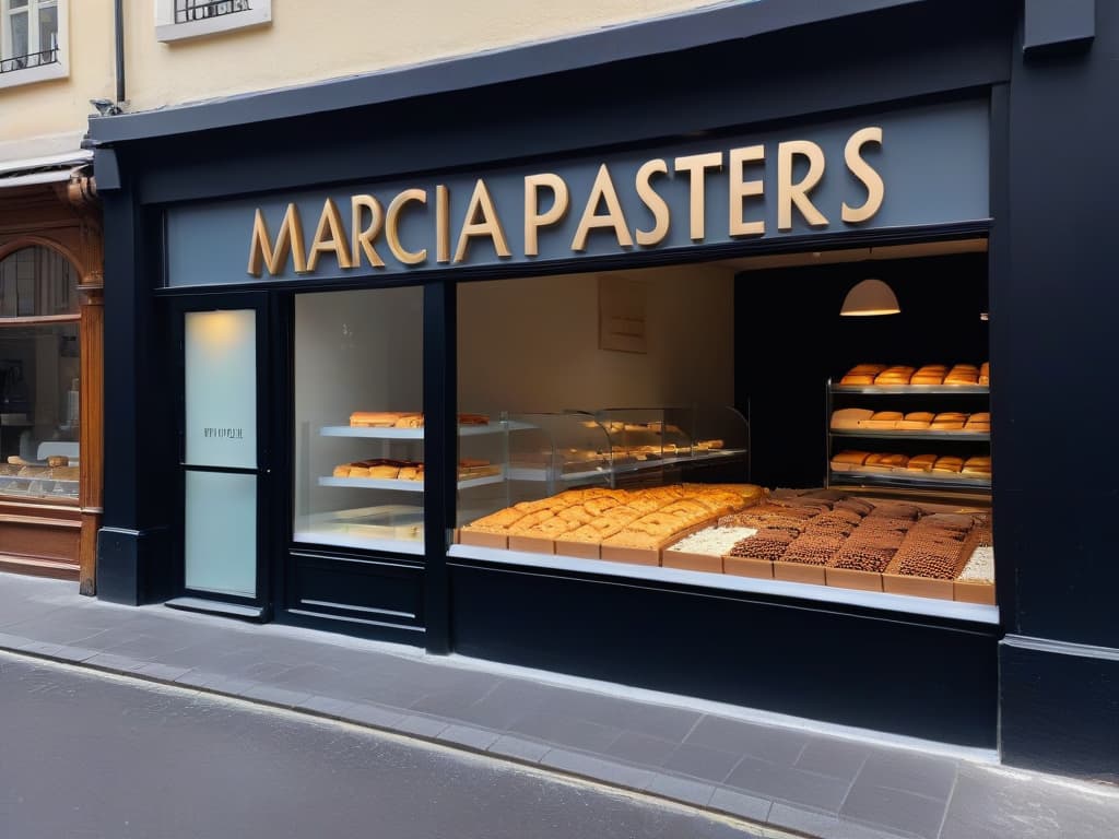  A closeup, highresolution image of a sleek, modern bakery storefront with a large, elegant sign displaying the words "Marca de Postres" in chic, sophisticated lettering. The storefront features clean lines, large windows showcasing beautifully crafted desserts, and a welcoming, minimalist aesthetic that exudes professionalism and elegance. hyperrealistic, full body, detailed clothing, highly detailed, cinematic lighting, stunningly beautiful, intricate, sharp focus, f/1. 8, 85mm, (centered image composition), (professionally color graded), ((bright soft diffused light)), volumetric fog, trending on instagram, trending on tumblr, HDR 4K, 8K