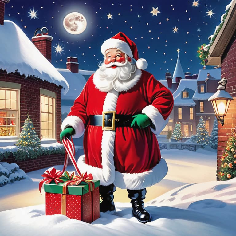  The image depicts Santa Claus in his iconic red and white suit, standing atop a snow-covered rooftop on Christmas Eve. He is surrounded by twinkling stars and a full moon illuminating the tranquil nighttime scene. Santa, with his rosy cheeks and white beard, holds a bulging sack of beautifully wrapped gifts over his shoulder. His sleigh, filled with presents, is parked nearby, ready to embark on its magical journey. The air is filled with anticipation and holiday cheer as Santa prepares to deliver joy and happiness to children all around the world. hyperrealistic, full body, detailed clothing, highly detailed, cinematic lighting, stunningly beautiful, intricate, sharp focus, f/1. 8, 85mm, (centered image composition), (professionally color graded), ((bright soft diffused light)), volumetric fog, trending on instagram, trending on tumblr, HDR 4K, 8K