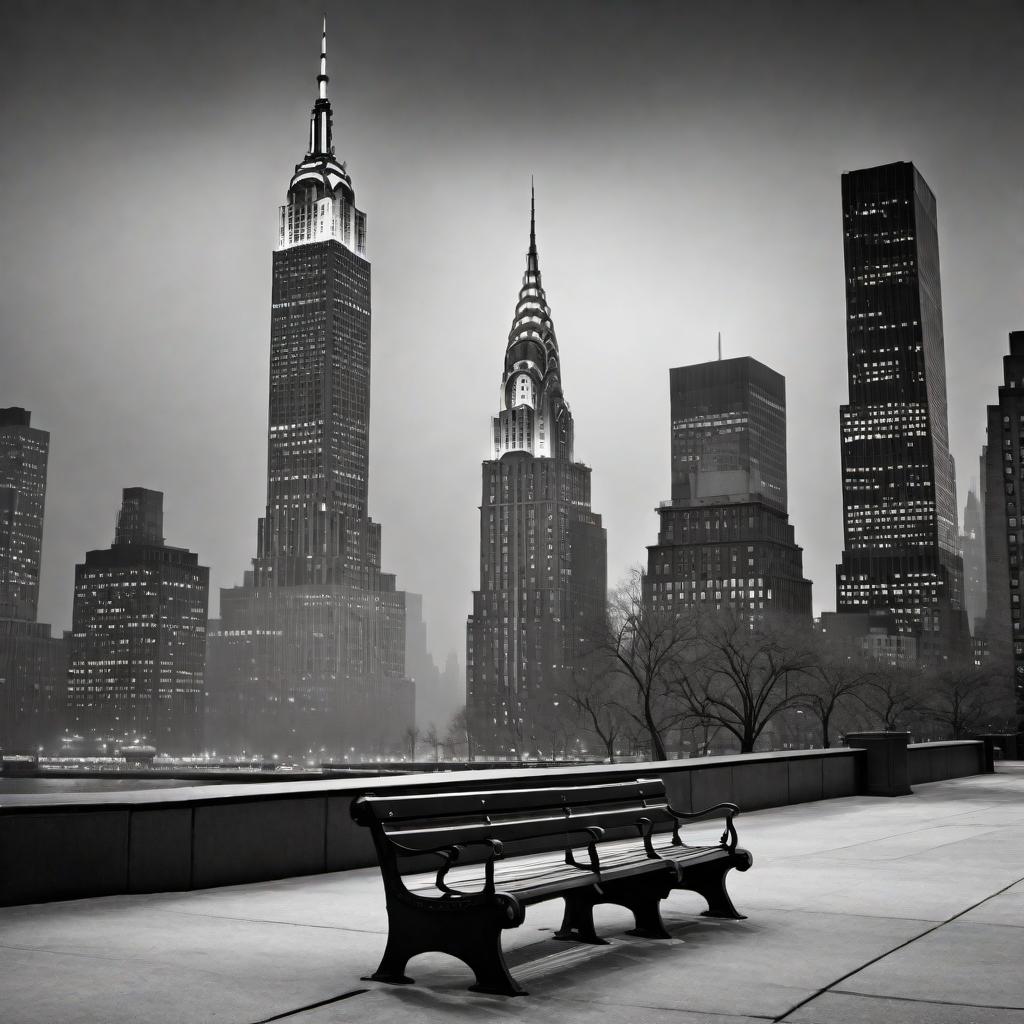  New York City skyline at night in black and white, emphasizing a melancholy, love loss mood. The image should feature iconic skyscrapers such as the Empire State Building and the Chrysler Building. Create an atmosphere of solitude with an empty park bench or a desolate street in the foreground, but make sure there are no human figures included, to underscore the theme of loneliness. hyperrealistic, full body, detailed clothing, highly detailed, cinematic lighting, stunningly beautiful, intricate, sharp focus, f/1. 8, 85mm, (centered image composition), (professionally color graded), ((bright soft diffused light)), volumetric fog, trending on instagram, trending on tumblr, HDR 4K, 8K