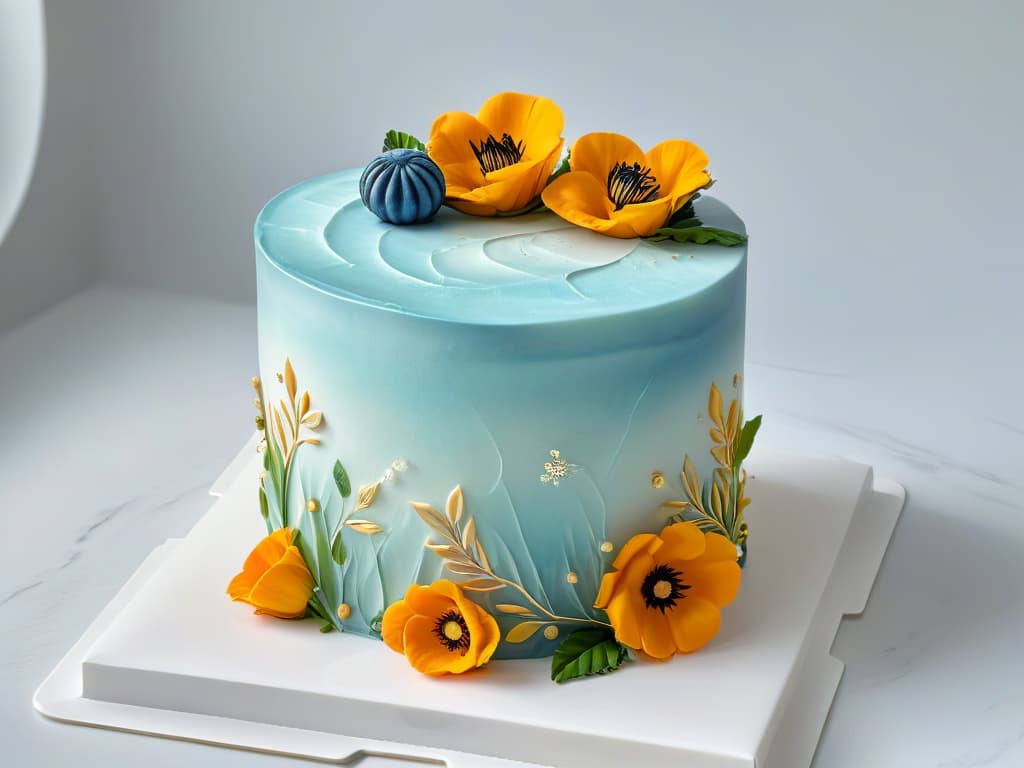  A photorealistic image of a pristine white fondant cake decorated with intricate aerography designs showcasing vibrant colors and delicate details. The cake is elegantly displayed on a sleek marble countertop, with soft natural light illuminating the scene to highlight the artistry and precision of the aerography techniques. The patterns on the cake range from floral motifs to geometric shapes, demonstrating the versatility and skill required in aerography for pastry decoration. This image serves as a visual representation of the creativity and expertise discussed in the article on aerography techniques in pastry making. hyperrealistic, full body, detailed clothing, highly detailed, cinematic lighting, stunningly beautiful, intricate, sharp focus, f/1. 8, 85mm, (centered image composition), (professionally color graded), ((bright soft diffused light)), volumetric fog, trending on instagram, trending on tumblr, HDR 4K, 8K