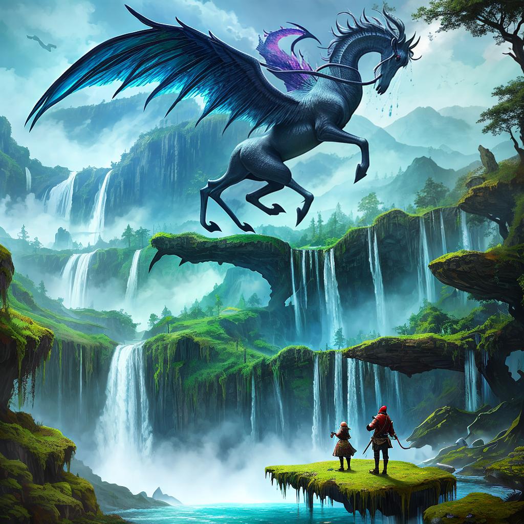  in a fantasy setting, Paint a surreal landscape where mythical beasts roam amidst cascading waterfalls.